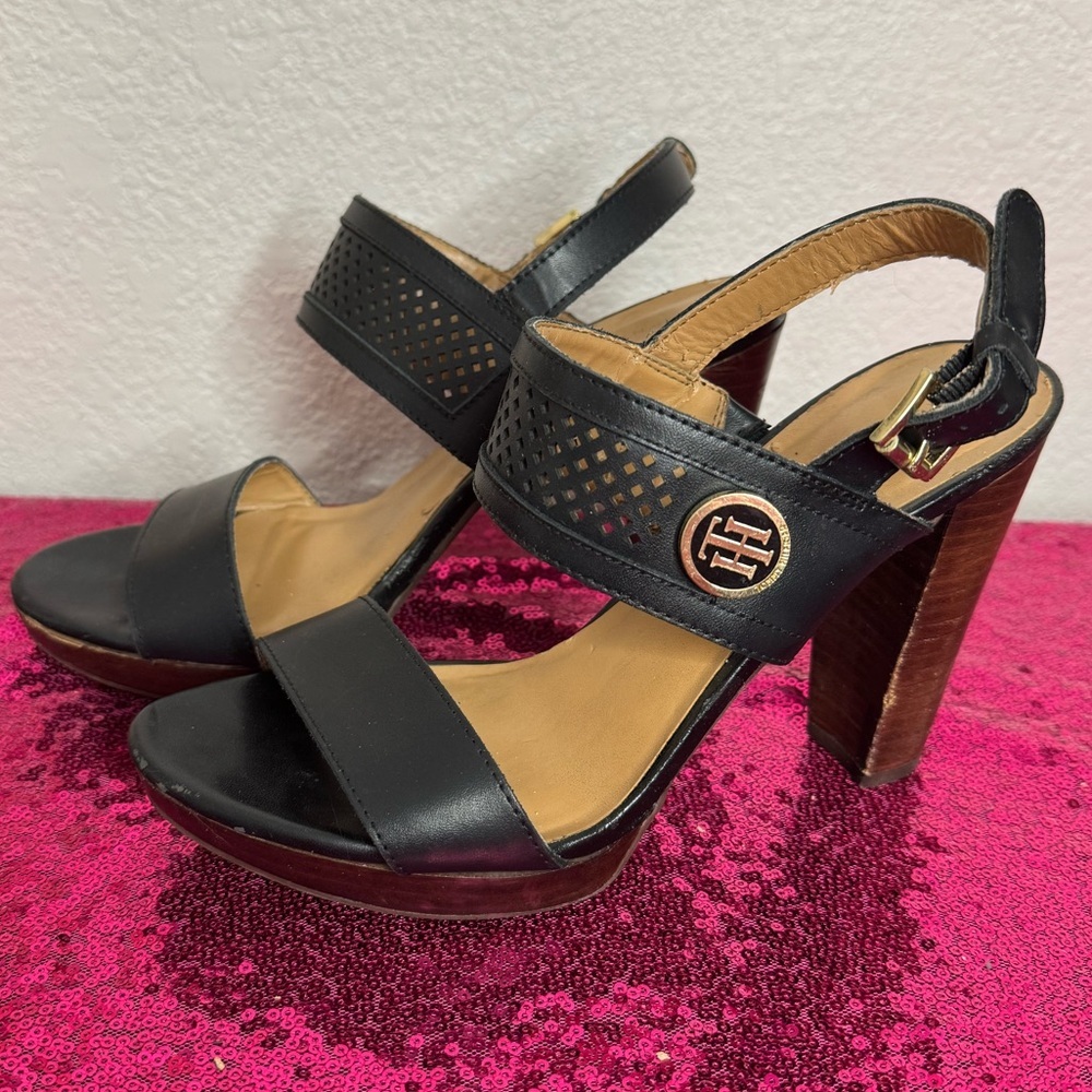 TOMMY HILFIGER 🖤 Black & Brown Perforated Leather Heels (Women’s Size 7.5) - Picture 3 of 12